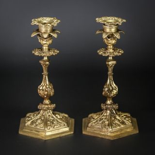Candlestick | Two Baroque Gilt Candle Holders | 2 Gilded Bronze | 9 