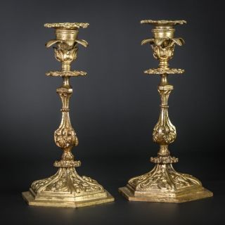 Candlestick | Two Baroque Gilt Candle Holders | 2 Gilded Bronze | 9 