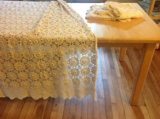 Set - Vintage Off White Crochet Bedspread,  90 X 110 ",  3 Matching Pillowcases