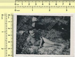 Handsome Naked Trunks Mustache Man Sit On Beach Gay Int Old Orig.  Photo Snapshot