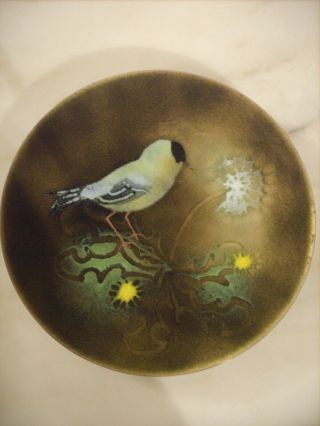 Vintage Norman Brumm Enamel On Copper Bird Plate On Yellow Flower