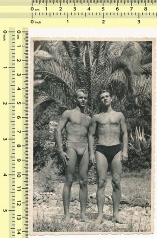 Two Beefcake Shirtless Handsome Guys,  Men Trunks Bulge Gay Int Old Orig.  Photo