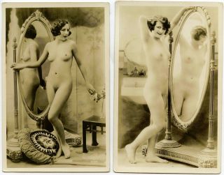 Naked Model By Mirror & Two French Ca 1920 