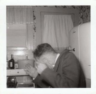 Vintage Photo Snapshot Man In Kitchen Hiding Face Don 