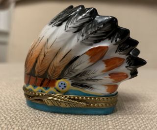 Limoges France Peint Main Marque Deposee Feathered Headdress Porcelain Box
