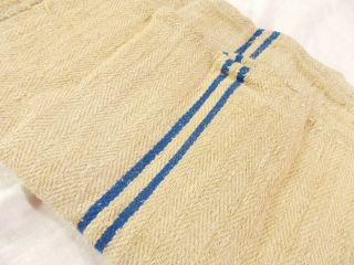 Vtg Antique MED BLUE STRIPE HEMP LINEN French Fabric FEED SACK GRAIN BAG 19X48 2