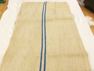Vtg Antique MED BLUE STRIPE HEMP LINEN French Fabric FEED SACK GRAIN BAG 19X48 4