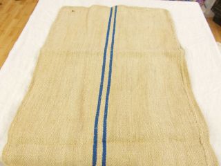 Vtg Antique MED BLUE STRIPE HEMP LINEN French Fabric FEED SACK GRAIN BAG 19X48 5