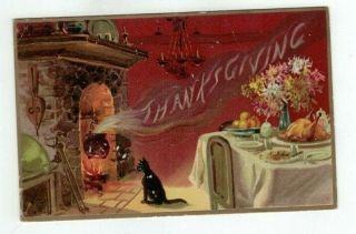 Antique Embossed 1909 Thanksgiving Post Card Black Cat Fireplace Steaming Kettle