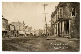 Rppc Photo Postcard Grand Avenue,  Grand Rapids Wisconsin Unpaved,  Signs 1900s