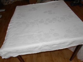 119x70 Vintage Antique White Irish Linen Double Damask Banquet Size Tablecloth