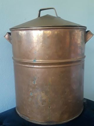 Large Antique Copper Stock Pot Covered With Lid