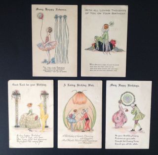 Vintage Artist Signed C.  Shand Birthday Postcards (5) Delicate Dancers