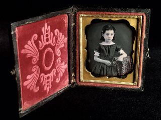 1/9 Plate Daguerreotype - Pretty Girl Holding Nosegay & Tinted Table - Full Case