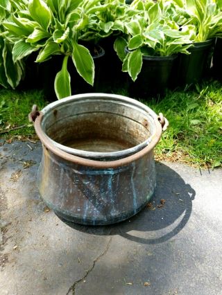 Vintage Large Copper Pot Planter With Forged Iron Handle Cauldron