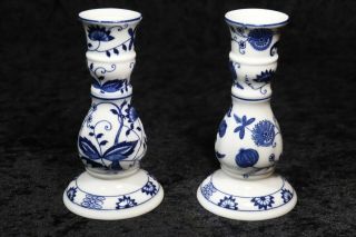 Vienna Woods Blue Onion Fine China Candle Holders Candlesticks 6 1/4 "