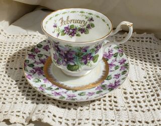 Vintage Purple Flower Feburary Teacup And Saucer Set