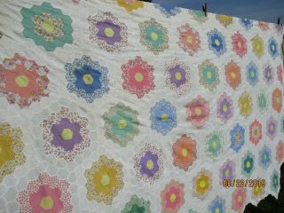 Vintage hand pieced quilt top Flower Garden 62 