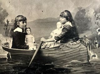 Rare 1/6 Plate Tintype - Two Pretty Sisters & Large Dolls In Faux Rowboat