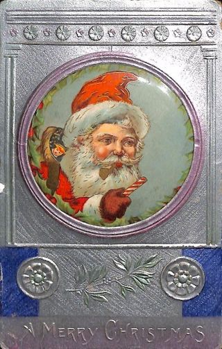 Merry Christmas Pin Type Santa Claus Candy Cane Novelty Postcard
