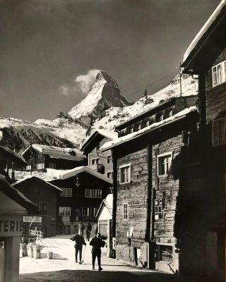 Vintage B&w Photo 11” X 14” Print Of Ski Village Near Matahorn Europe