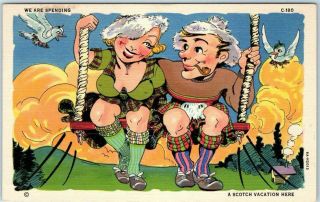 1940s Curteich Linen Postcard " A Scotch Vacation " Honeymoon Comics C - 180