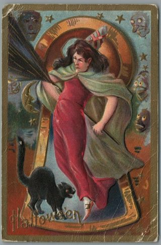 Halloween " Witch On Broom,  Black Cat,  Keyhole,  1910 P/u Postcard