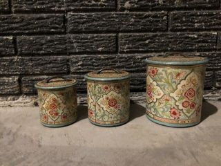 Jadeite Holland Daher Rare Tin Canister Nesting Set Of Three 3 Floral Vintage