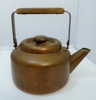 Antique Vintage Americana Copper Tea Kettle With Wood Handles