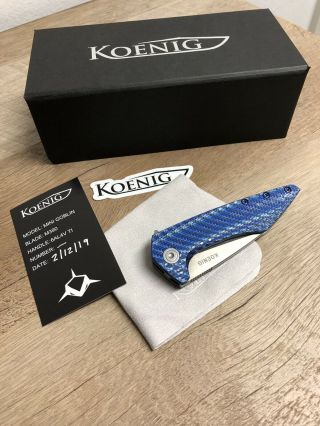 Koenig Knives Mini Goblin M390 Blade W/ Polished Flats,  Blue Twill Carbon Fiber