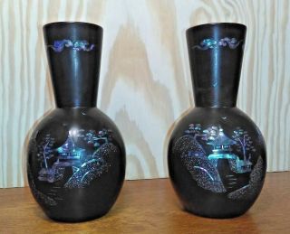 2 Matching Black Maruni Lacquer Ware Vases Maruniware Occupied Japan