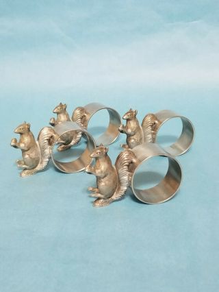 Set Of 4 Vintage Reed & Barton Pewter Squirrel Figural Napkin Rings P16s Signed