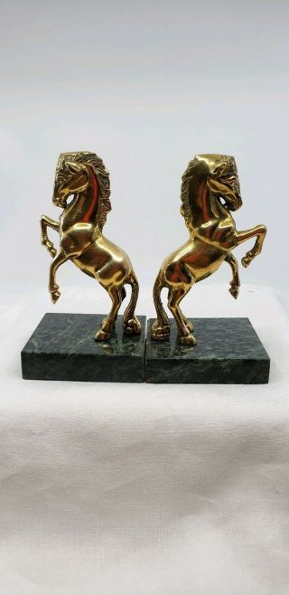 Vintage Brass Horse On Marble Book Ends.