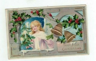 Antique 1912 Embossed Christmas Post Card Winged Angels Gold Bells Holly Tree