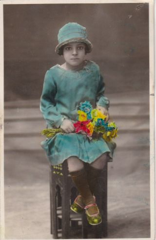Egypt Old Vintage Photograph.  Teen With Flowers.  Hand Color.