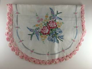 Vintage Table Runner Dresser Scarf Embroidered Birds Flowers Pink Lace 17 " X40 "