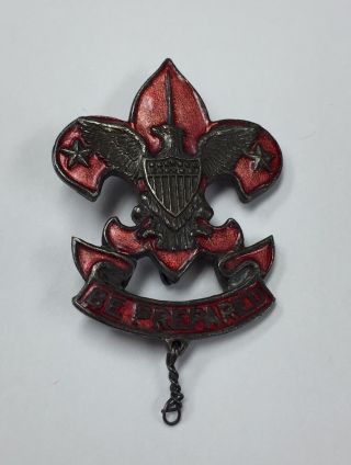 Stunning teens/early 20 ' s BSA Asst.  Scoutmaster hat pin.  Red enamel.  Perfect 4