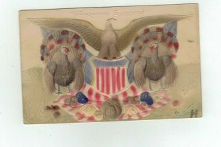 1907 Embossed Patriotic Thanksgiving Post Card Eagle Turkeys Red/white/blue
