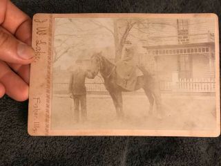 Antique Photo Horse With Owner Early 1900’s Cabinet Card Fisher Ill Illinois