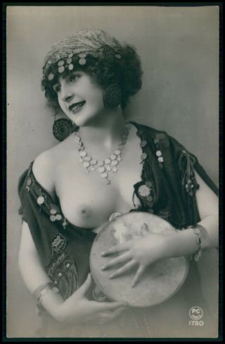 French Nude Gypsy Miss Tambourine Woman C1910 - 1920s Photo Postcard