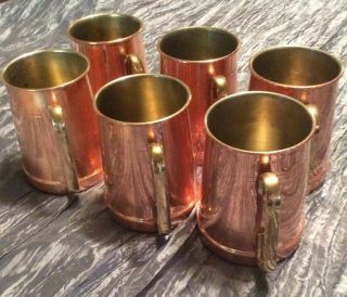 Set Of 6 Vintage Old Dutch Solid Copper Mugs With Brass Handles Made In Portugal