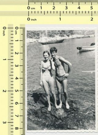 Pretty Couple On Beach,  Bikini Woman & Guy In Trunks,  Lady Man Old Orig.  Photo