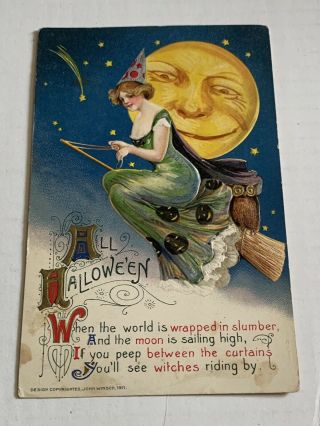 1911 Vintage John Winsch Halloween Postcard - Pretty Woman Witch On Broom - Moon