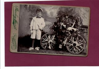 Cabinet Photograph Boy Dressed As Little Boy Blue With Decorated Bicycle C.  1900