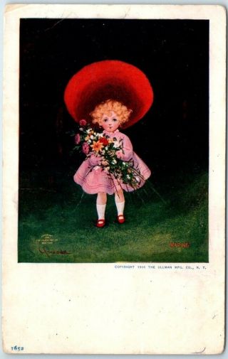 Vintage Artist - Signed Wall Postcard Little Girl Flowers " Spring " W/ 1909 Cancel