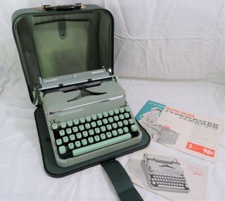 1950s Vintage Hermes 2000 Typewriter W Green Keys,  Case Instructions Brushs