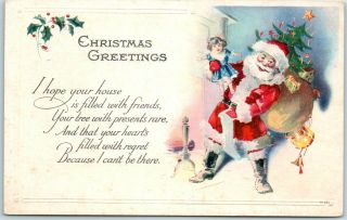 Vintage Santa Claus Christmas Postcard Red Suit Holding Doll C1910s
