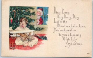 Vintage Christmas Postcard Santa Claus Peeping On Little Boy / Xmas Tree