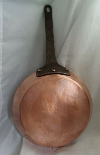 Antique 1860s? Heavy Copper Frying Pan Cast Iron Handle Hearth Ware 9.  75”