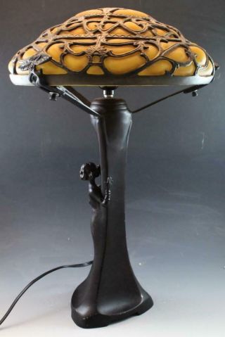 Art Nouveau Style Table Lamp Bronze Patina W/ Molded Glass Shade